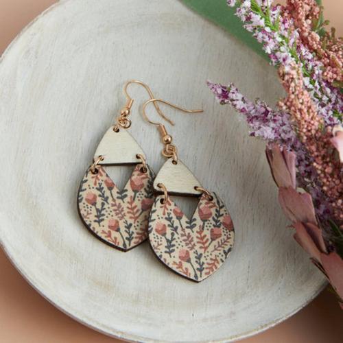 Jolie Wooden Floral Print Triangle Earrings - Primary Image