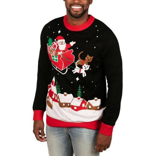 Men's Tipsy Elves Meowy Sleigh Light Up Ugly Christmas Pullover Sweater - Primary Image
