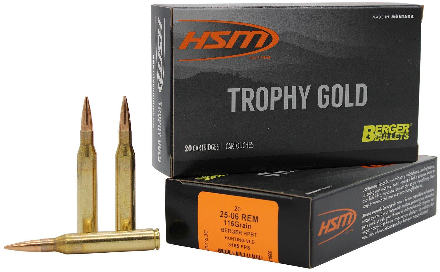 HSM Trophy Gold Berger Hunting VLD 25-06 Remington Rifle Ammunition 20 Round Box