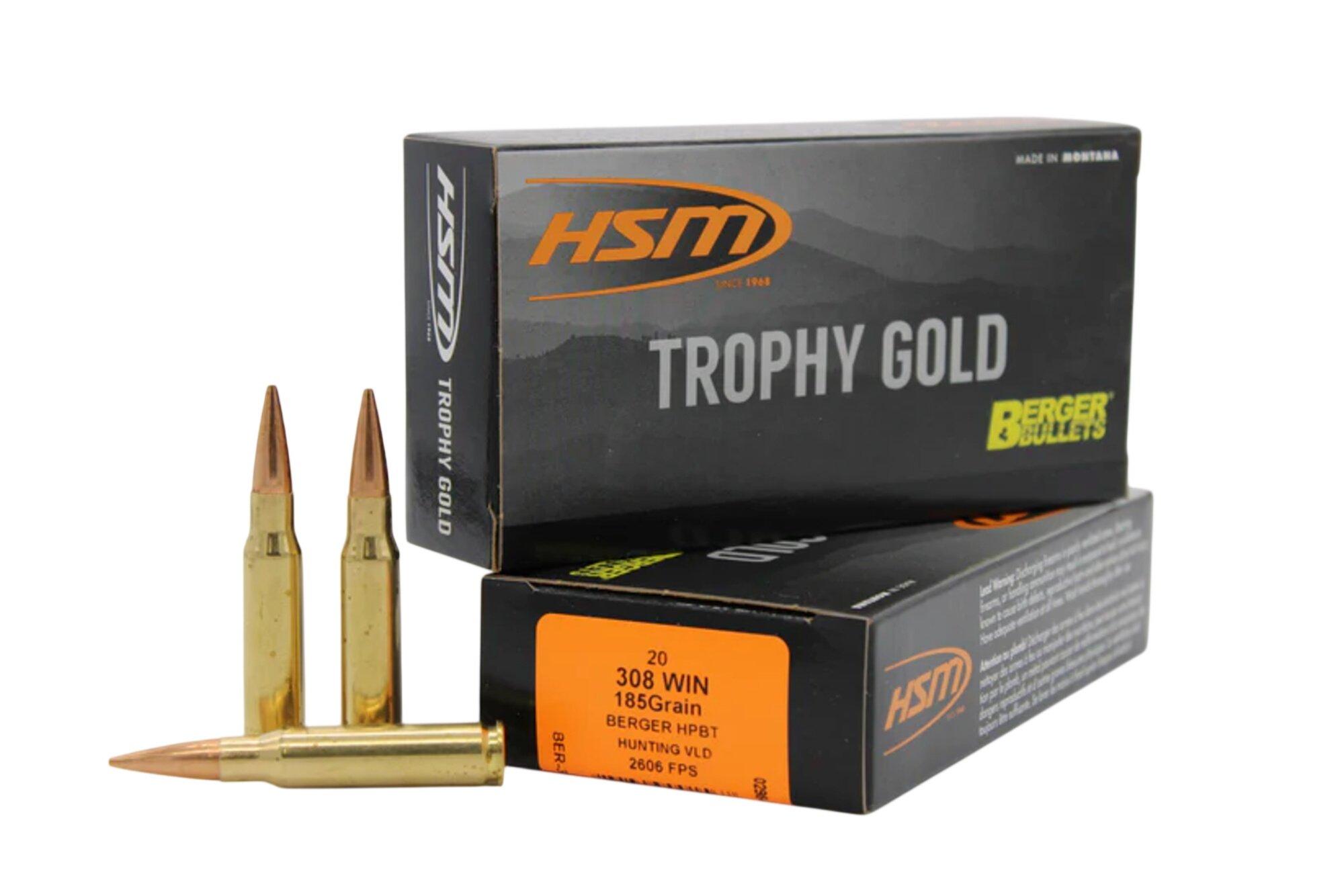 HSM Trophy Gold Berger Hunting VLD 308 Winchester Rifle Ammunition 20 Round Box