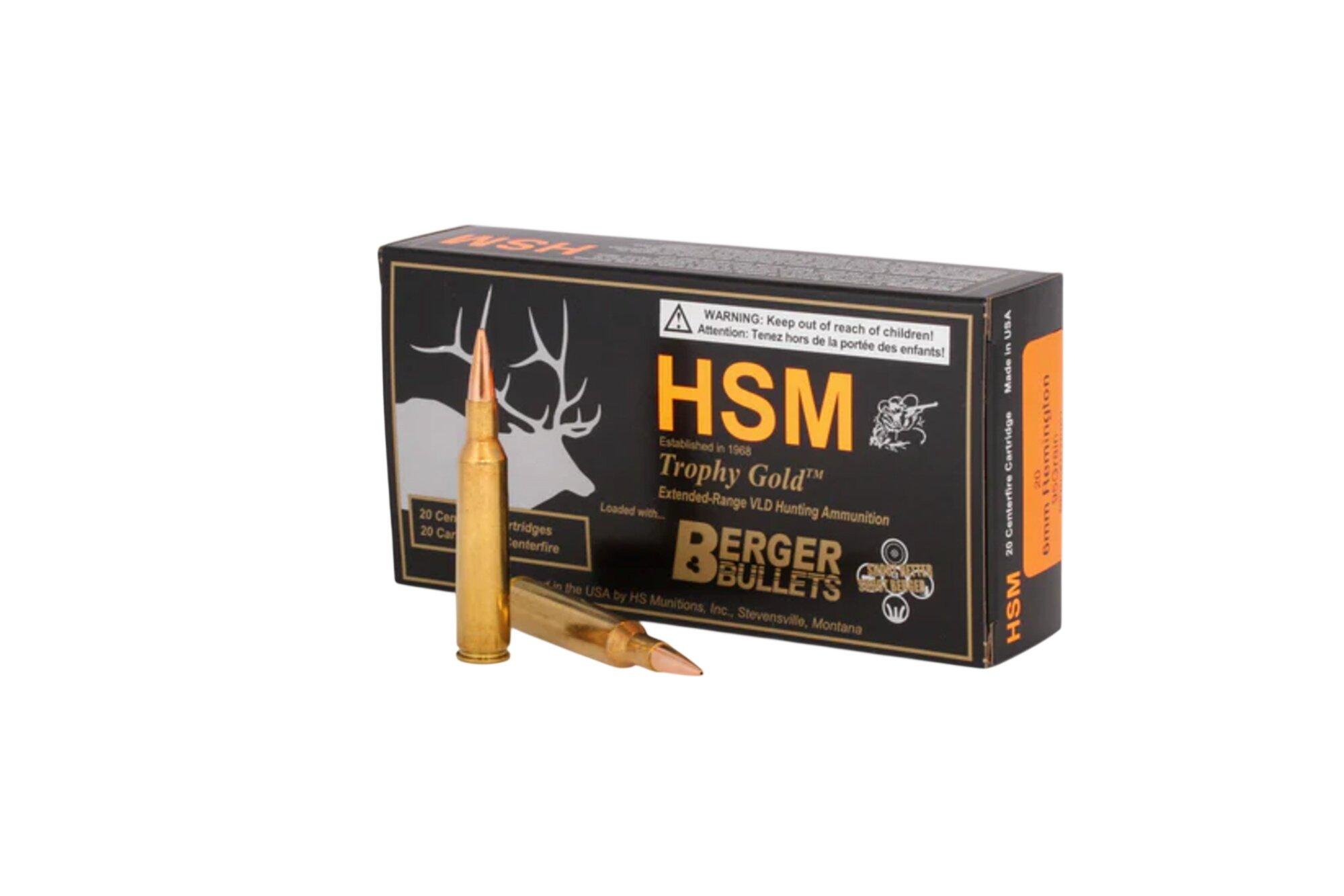 HSM Trophy Gold Extended Range Berger VLD 6mm Remington Rifle Ammunition 20 Round Box