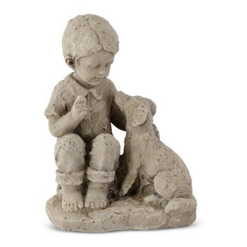 K&K Interiors 12in Tan Resin Boy with Dog Sculpture - Primary Image