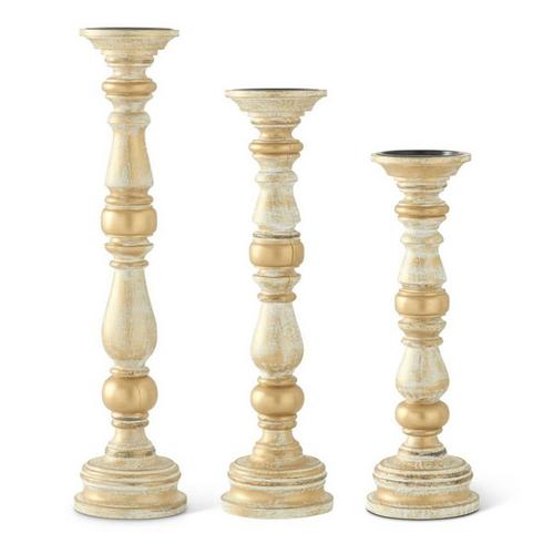 K&K Interiors Whitewashed Carved Wood Spindle Candleholder - Primary Image