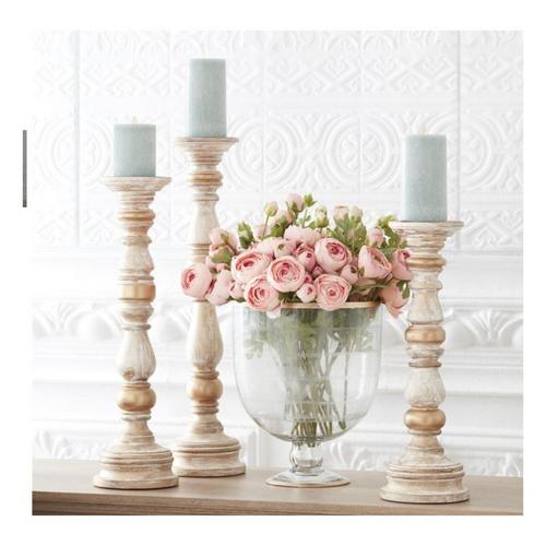 K&K Interiors Whitewashed Carved Wood Spindle Candleholder - Primary Image