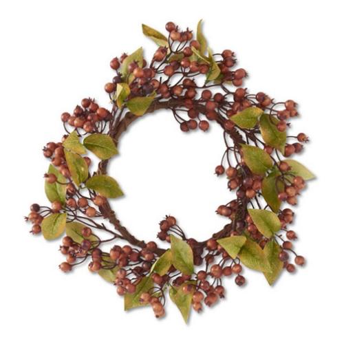 K&K Interiors 15in Brown Berry Candle Ring w/Green Leaves (6.5in Dia) - Primary Image