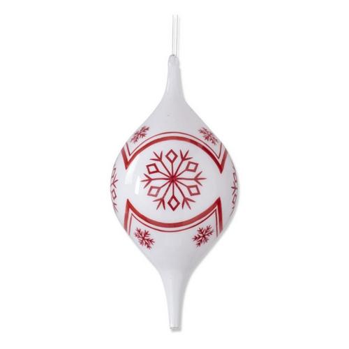 K&K Interiors 12.5in White w/Red Snowflakes Glass Finial Teardrop Ornament - Primary Image