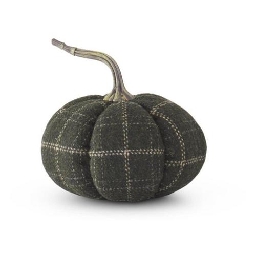 K&K Interiors 6.25in Green and Tan Plaid Fabric Pumpkin - Primary Image
