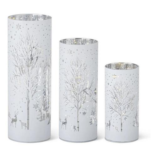 K&K Interiors White Laser Engraved Winter Scene LED Cylinders (Sold Separately) - Primary Image