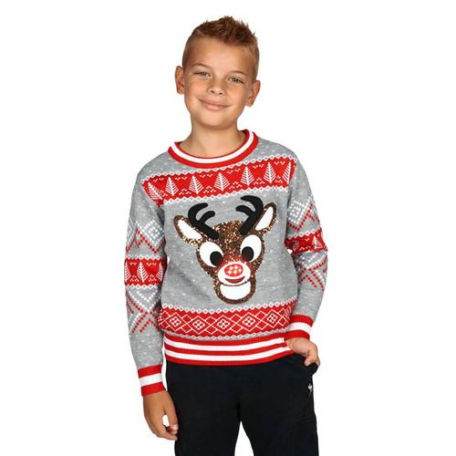 Kids' Tipsy Elves Sequin Rudolph Light Up Ugly Christmas Pullover Sweater - Primary Image