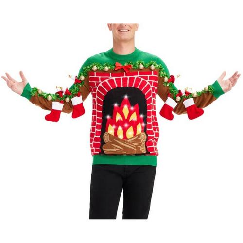 Men's Tipsy Elves Festive Fireplace Light Up Ugly Christmas Pullover Sweater - Primary Image