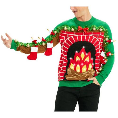 Men's Tipsy Elves Festive Fireplace Light Up Ugly Christmas Pullover Sweater - Primary Image