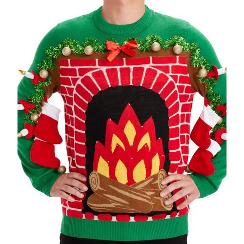 Men's Tipsy Elves Festive Fireplace Light Up Ugly Christmas Pullover Sweater - Primary Image