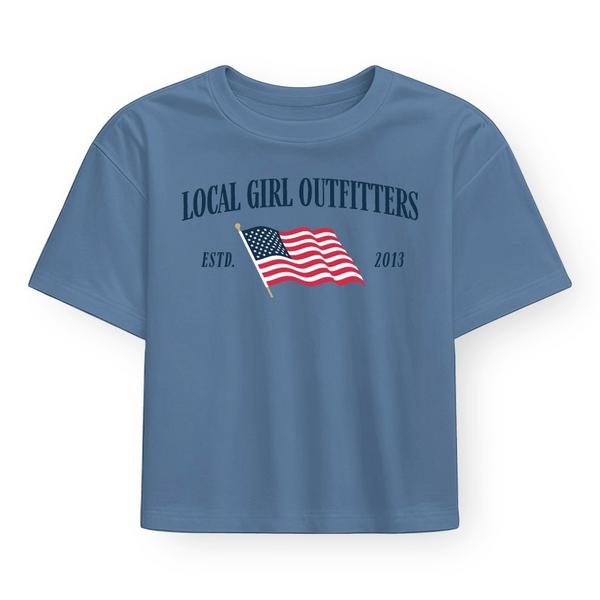 Women's Local Girl Outfitters Stars & Stripes Graphic Cropped T-Shirt Small Slate