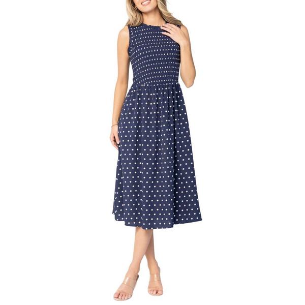 Women's Baltic Born Alex Smocked Midi Dress Large Navy Dot