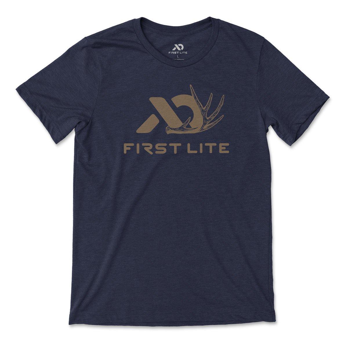 First Lite Men's Whitetail Shed Logo 2.0 TShirt Heather Midnight Navy MD FLWTLMNMD - first lite
