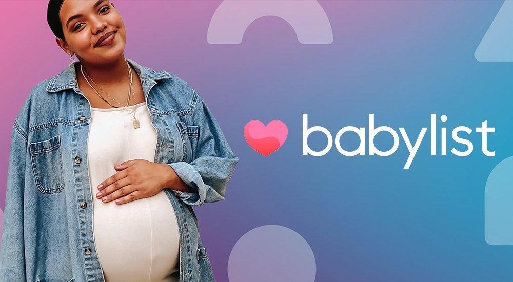 a pregnant woman smiling and the babylist logo