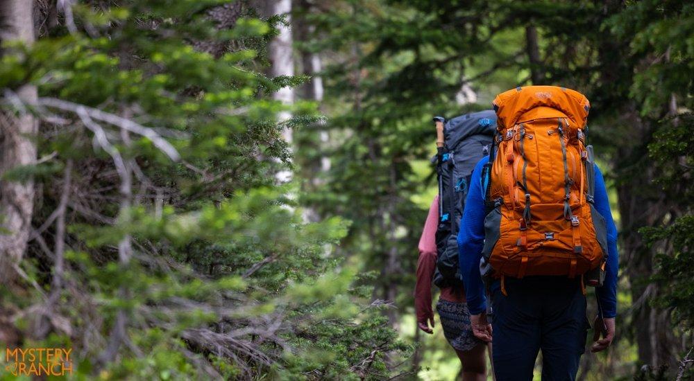 Two people backpacking in the forest
