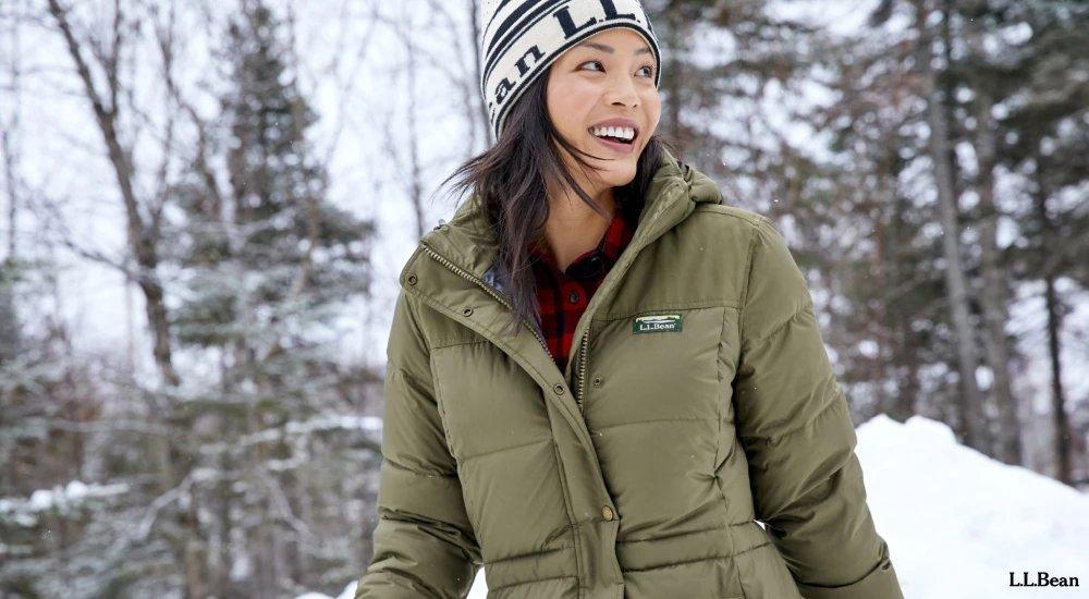 a woman in the winter with an LL Bean jacket