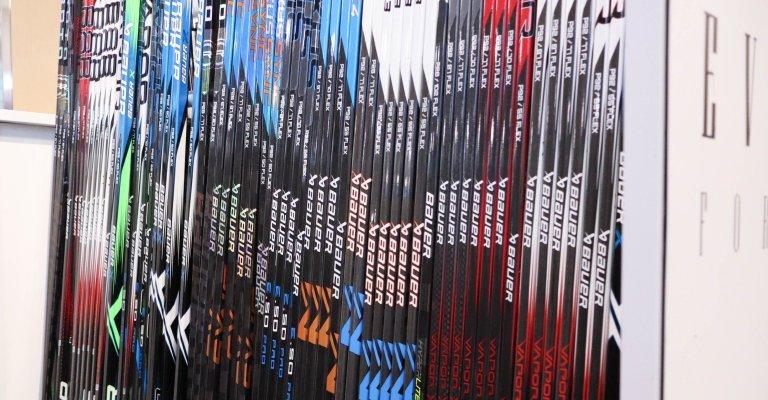 display of hockey sticks
