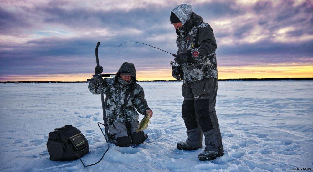 two guys on the ice with a garmin livescope fish finder