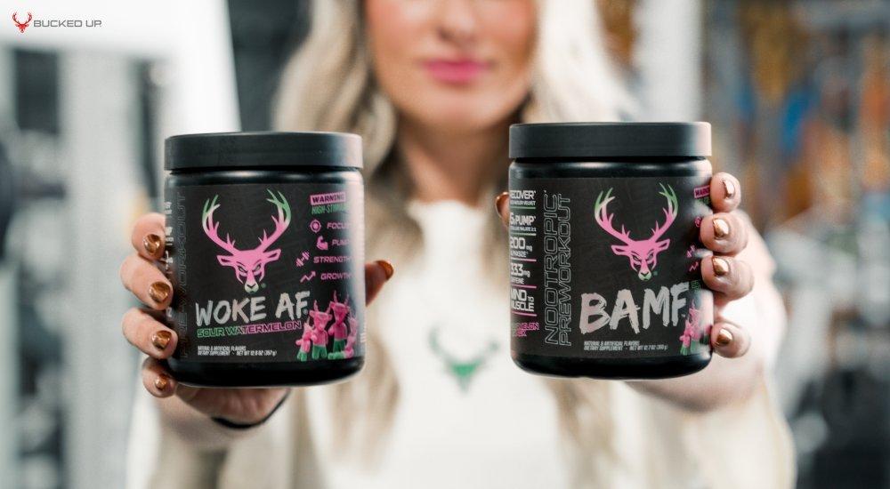 A side-by-side of two different Bucked Up pre-workout powders