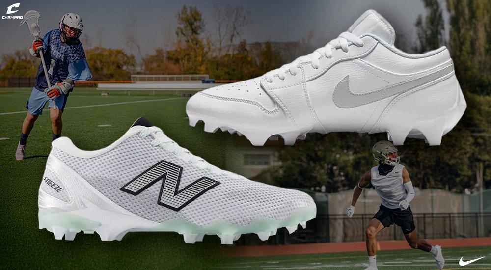 a pair of football and lacrosse cleats overlayed on top of lifestyle images of athletes