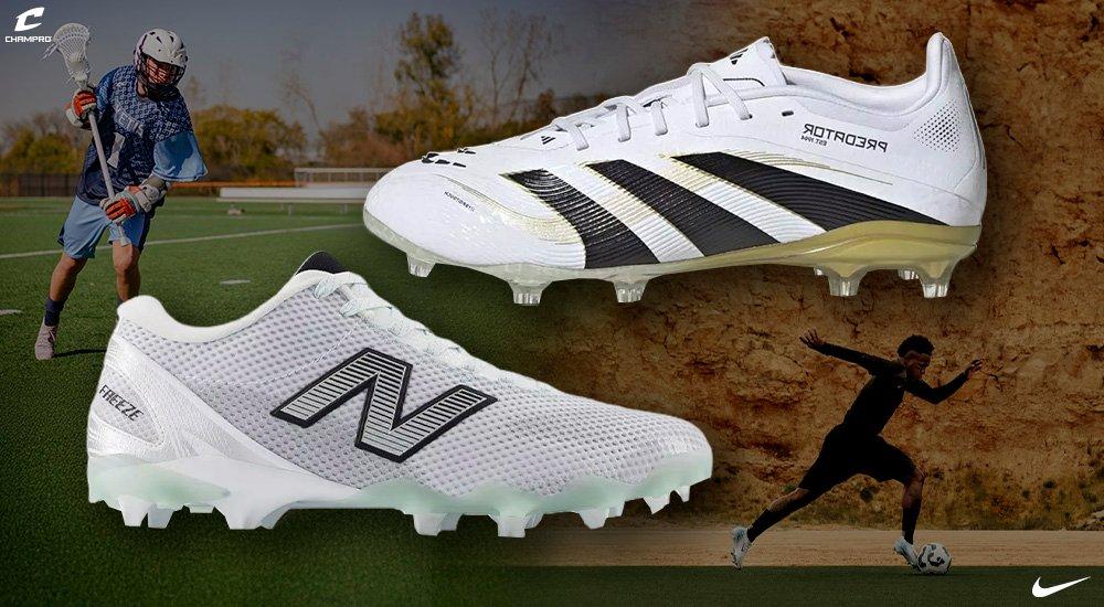 a pair of soccer cleats and lacrosse cleats overlayed over athlete lifestyles