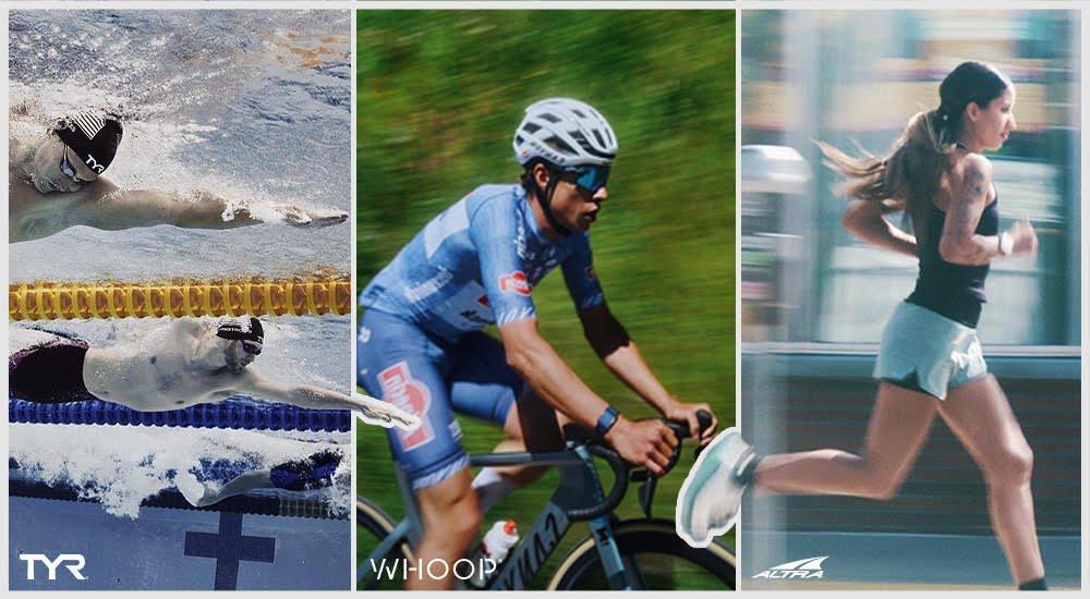 athletes that are swimming, biking, and running in a collage