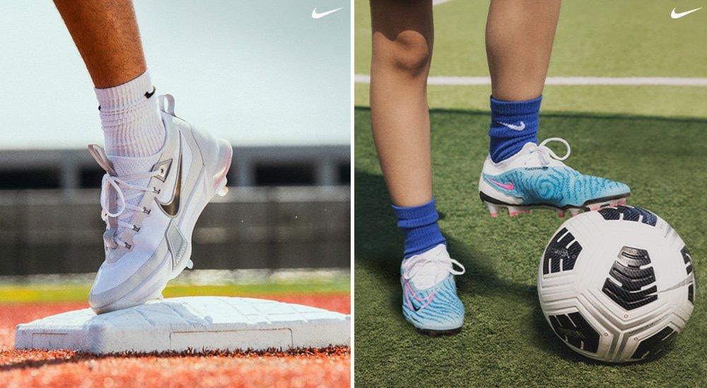baseball and soccer cleats side by side