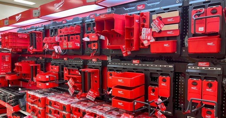 A wall of Milwaukee tool storage