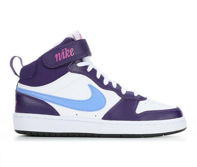 Kids' Nike Big Kid Court Borough Mid 2 Sneakers in Wht/Royal/Eggpl color