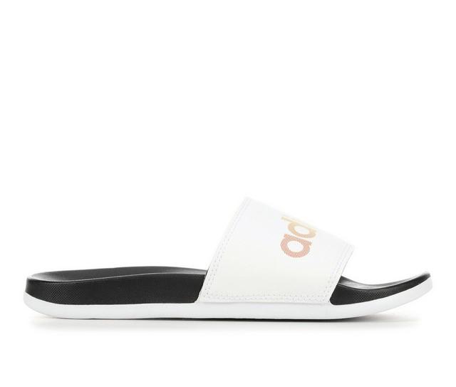 Women's Adidas Adilette Comfort Print Sport Slides in Black/White/Blk color