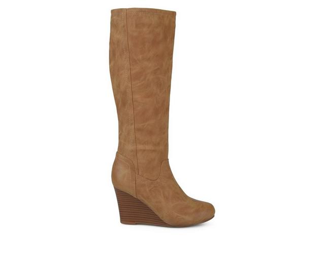 Women's Journee Collection Langly Wedge Knee High Boots in Tan color