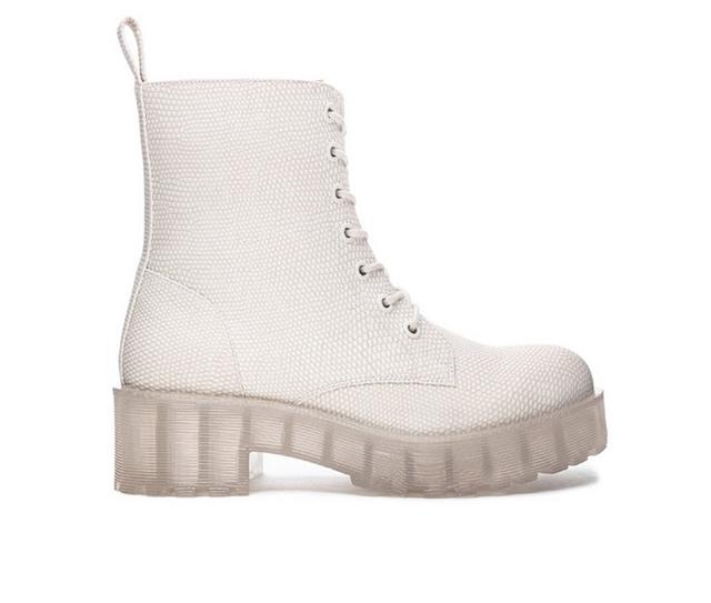 Women's Dirty Laundry Mazzy Platform Combat Boots in Clear/Lizard color