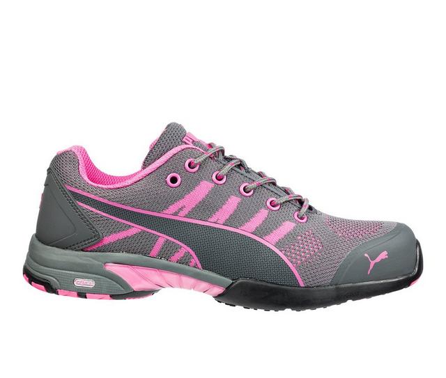 Women's Puma Safety Celerity Knit Static Dissipative Steel Toe Work Shoes in Gray/Pink color