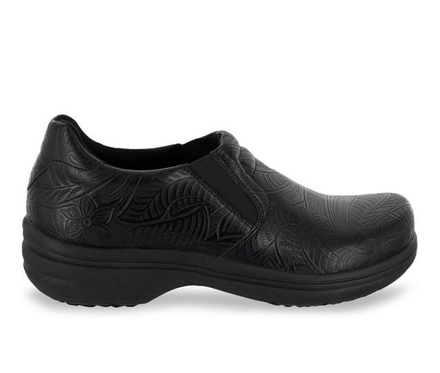 Women's Easy Works by Easy Street Bind Embossed Leather Slip-Resistant Clogs in Black Leather color