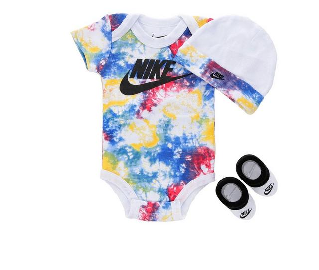 Nike Infant Tie Dye Futura 3 Piece Onesie Set in White/Black 0-6 color
