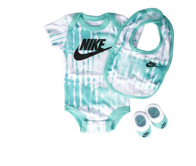 Nike Infant Tie Dye Futura 3 Piece Onesie Set in White/Teal 0-6 color