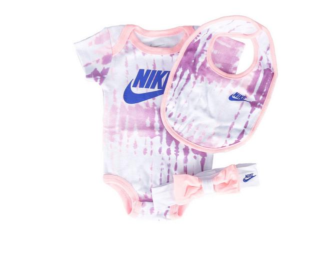 Nike Infant Tie Dye Futura 3 Piece Onesie Set in White/Pink 0-6 color