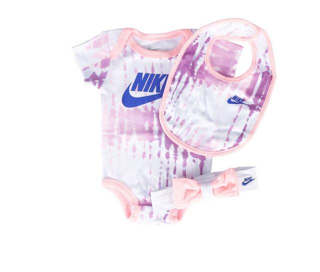 Nike Infant Tie Dye Futura 3 Piece Onesie Set in White/Pink 6-12 color