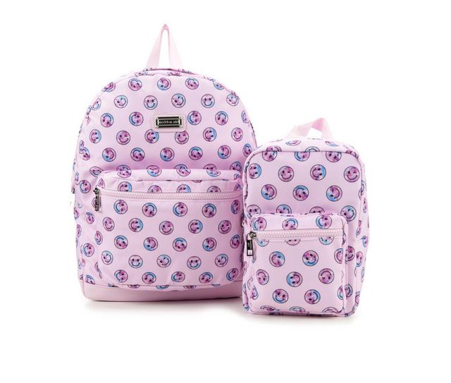 Madden Girl Nylon Backpack with Lunch Bag in Pink Smiley color