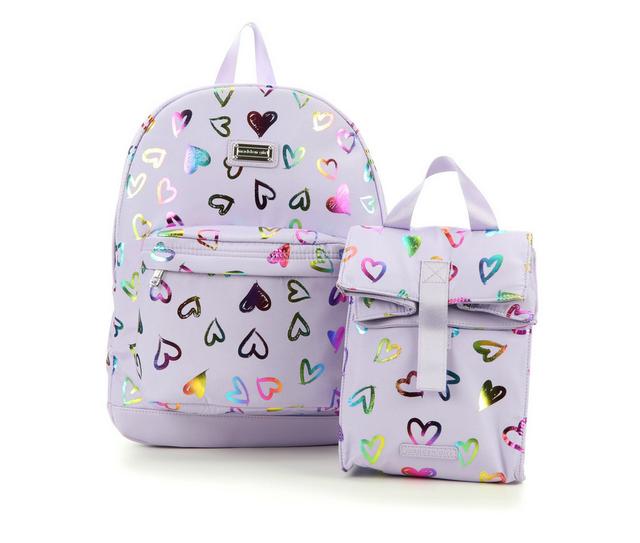 Madden Girl Nylon Backpack with Lunch Bag in Purple Hearts color