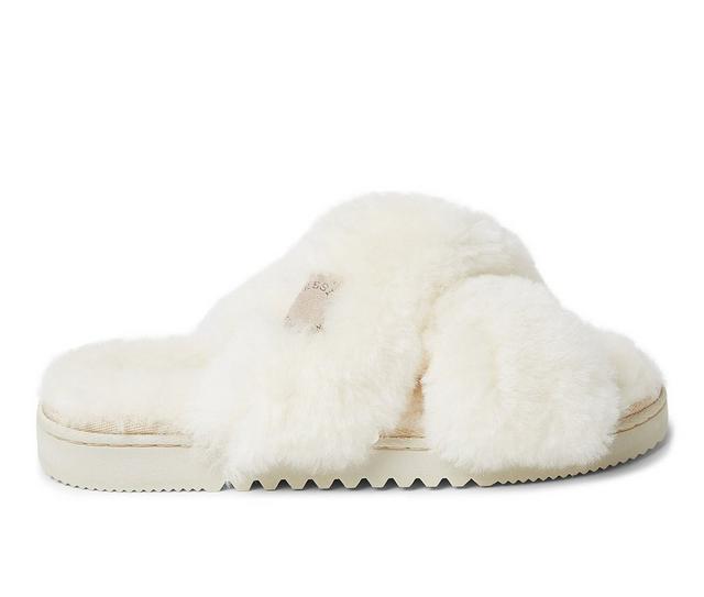 Fireside by Dearfoams Women's New Castle Genuine Shearling Cross Slide Slippers in Cream color