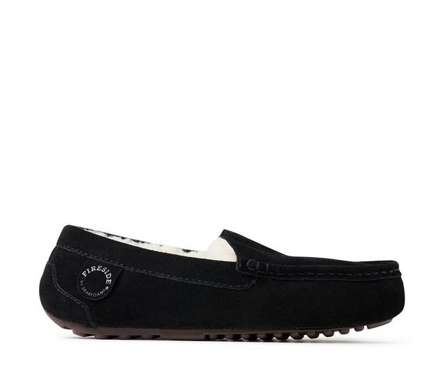 Fireside by Dearfoams Women's Mel Genuine Shearling Moccasin Slippers in Black color