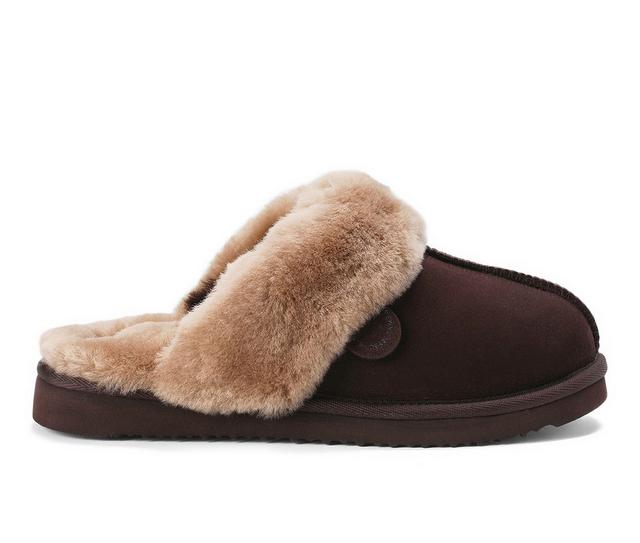 Fireside by Dearfoams Women's Sydney Genuine Sherling Scuff Slippers in Dark Brown color