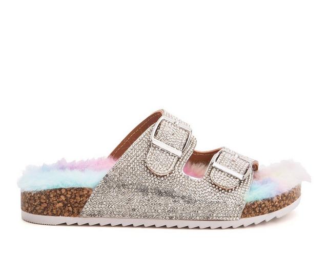 Girls' Olivia Miller Little Kid & Big Kid Leopard Lounge Fuzzy Footbed Sandals in Rainbow color