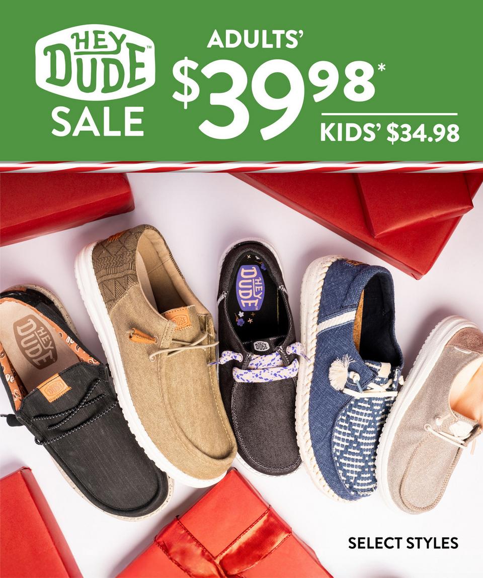Select adults Heydude for just $39.98, select kids for just $34.98! 