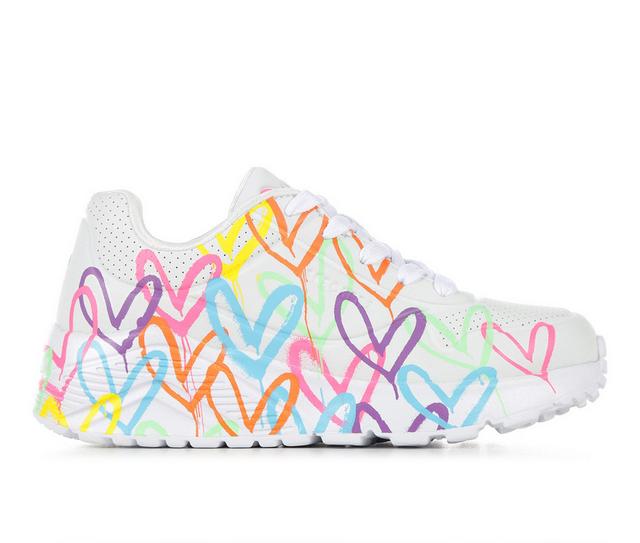 Girls' Skechers Street Little Kid & Big Kid Uno Lite Heart Wedge Sneakers in White/Neon color