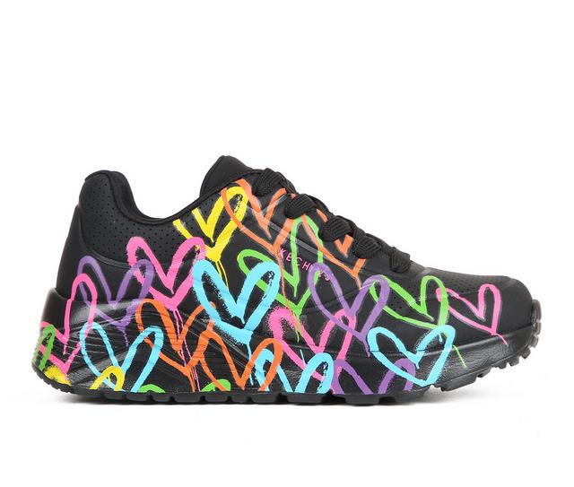 Girls' Skechers Street Little Kid & Big Kid Uno Lite Heart Wedge Sneakers in Black/Neon color