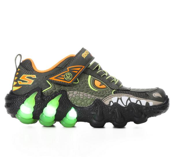 Boys' Skechers Little Kid & Big Kid Skech-O-Saurus Dinosaur Light-Up Sneakers in Olive/Orng/Grn color